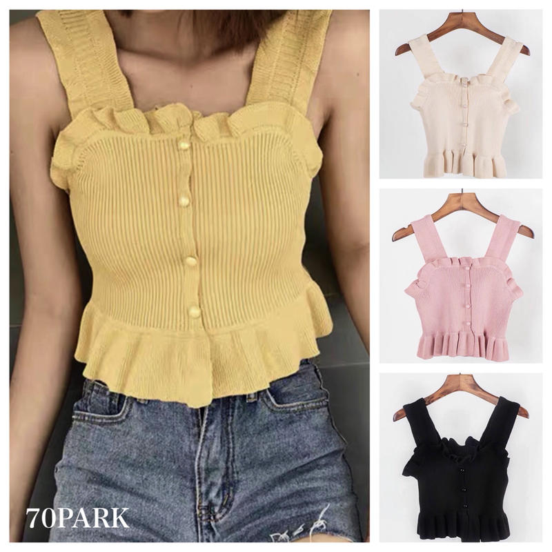 Peplum Knit Cami Top 裾フリル 幅広 ストラップ リブ ニット キャミソ
