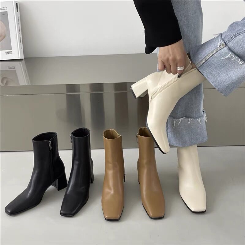 スクエアトゥ 太ヒール シンプル ショート ブーツ 全3色 70park