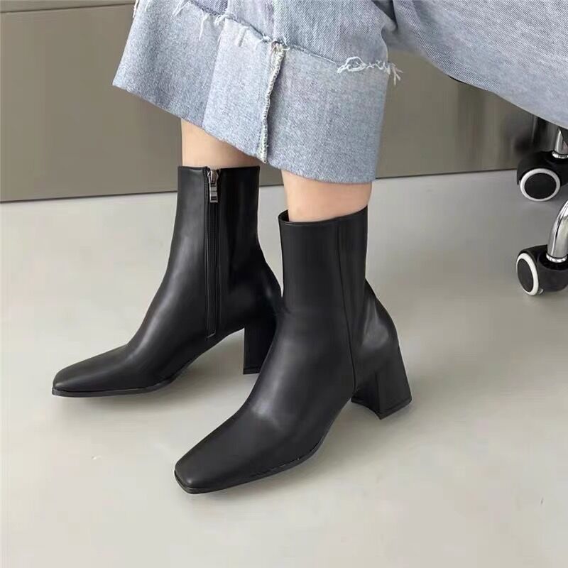 スクエアトゥ 太ヒール シンプル ショート ブーツ 全3色 70park