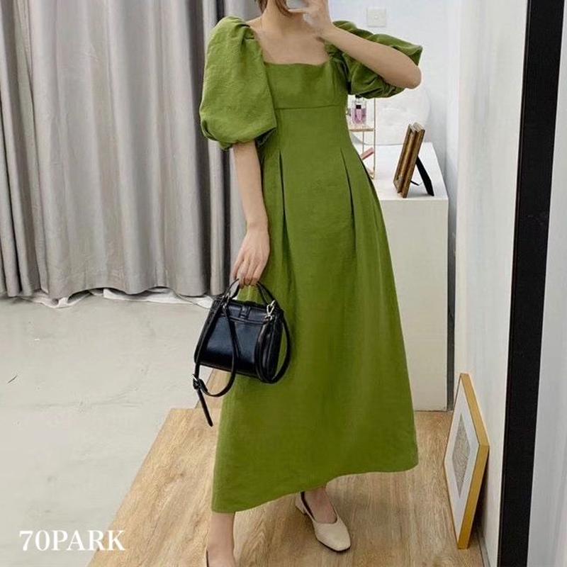 Puff Sleeve Long Dress ボリューム袖 ロング フレア ワンピース グリ