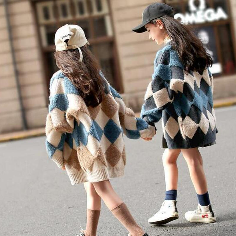 秋冬 子供セーター 女の子 チェック カジュアル 子供服 トップス ニット コート Ado