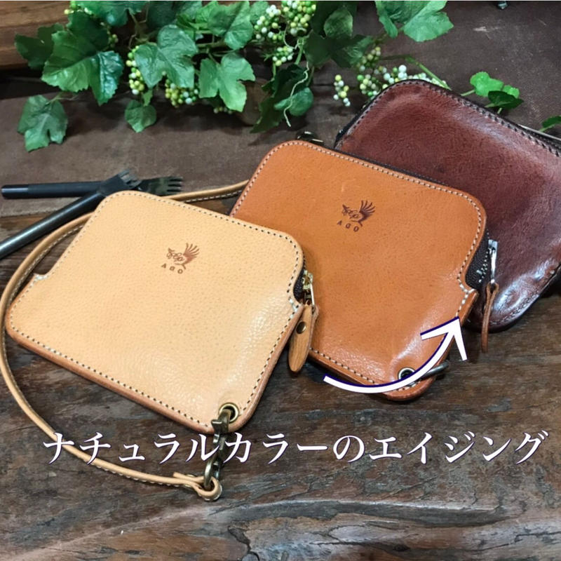 アゴモノガタリ ヌメ革ストラップ付きファスナー小銭入れ レザークラフトショップago