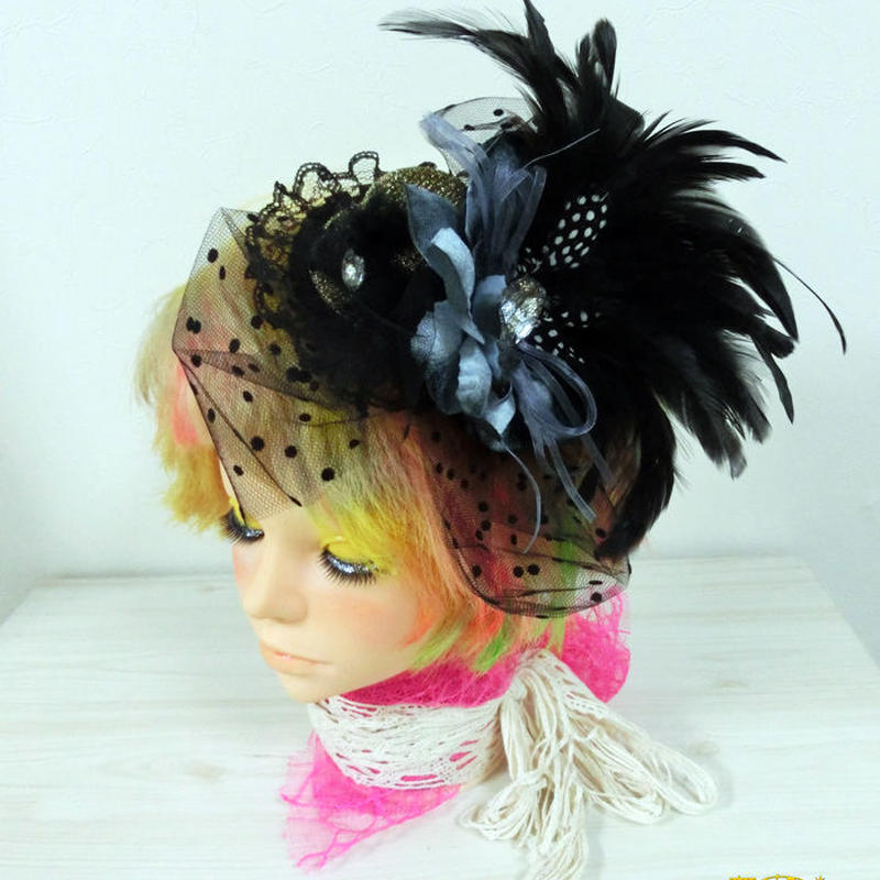 髪飾り 羽付チュール帽子 黒 結婚式 ヘアアクセ ウエディング Airisu Flower