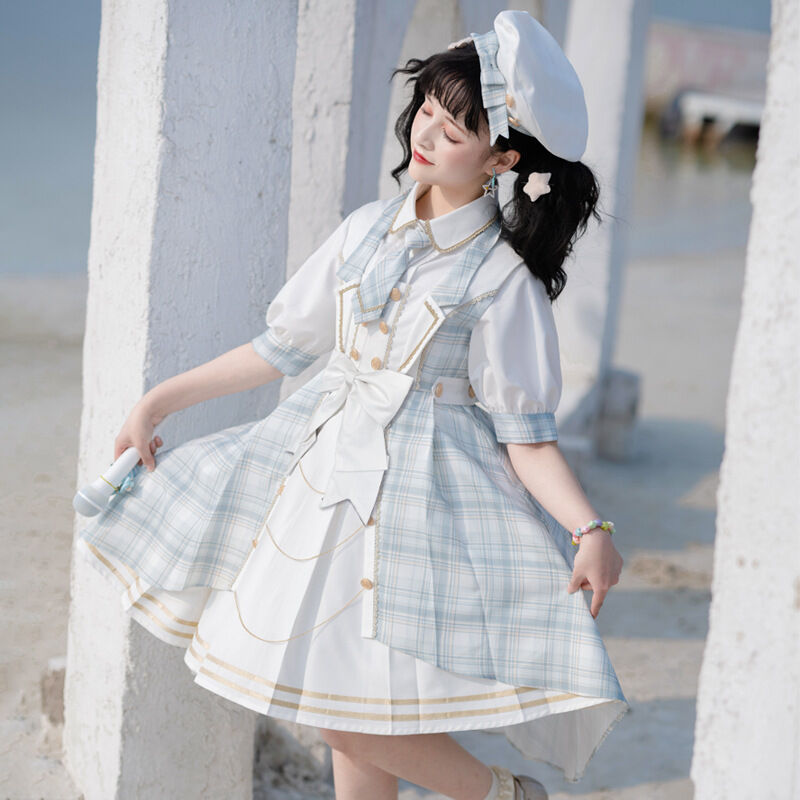 ロリータ ワンピース アイドル 衣装 豪華4点セット シャツ チェック ネクタイ 帽子 A