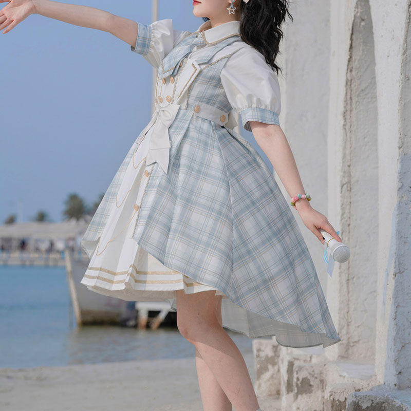 ロリータ ワンピース アイドル 衣装 豪華4点セット シャツ チェック ネクタイ 帽子 A