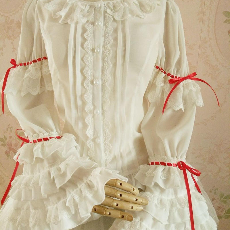 ロリータ レディース レトロ風 トップス ブラウス 丸襟 姫袖 プリンス 長袖 スリム レース