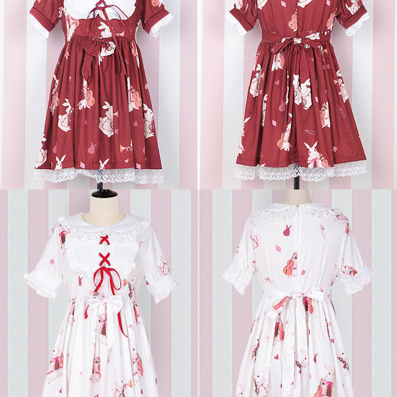 ロリータ ロリィタ ワンピース 春夏 少女風 かわいい レトロ 長袖 半袖 ウサギ柄 A