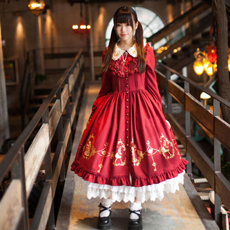 ロリータ ワンピース ドレス ロング 秋 冬 長袖 優雅 かわいい ゴールドプリント ロリィ