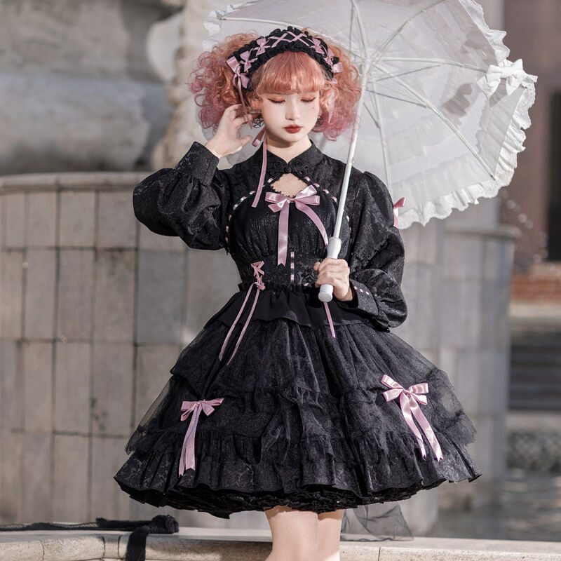 秋 新作 中華風 ゆめかわいい 中華ロリータ ロリータ メイド服 ワンピース ドレス 長袖 ゴ