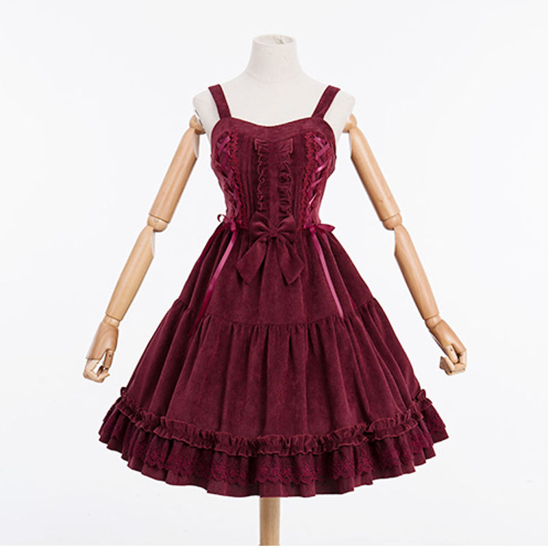 ロリータ ワンピース 秋 冬 ハイウエスト スリム コーデュロイ 暖かい 杏 赤 黒 かわい