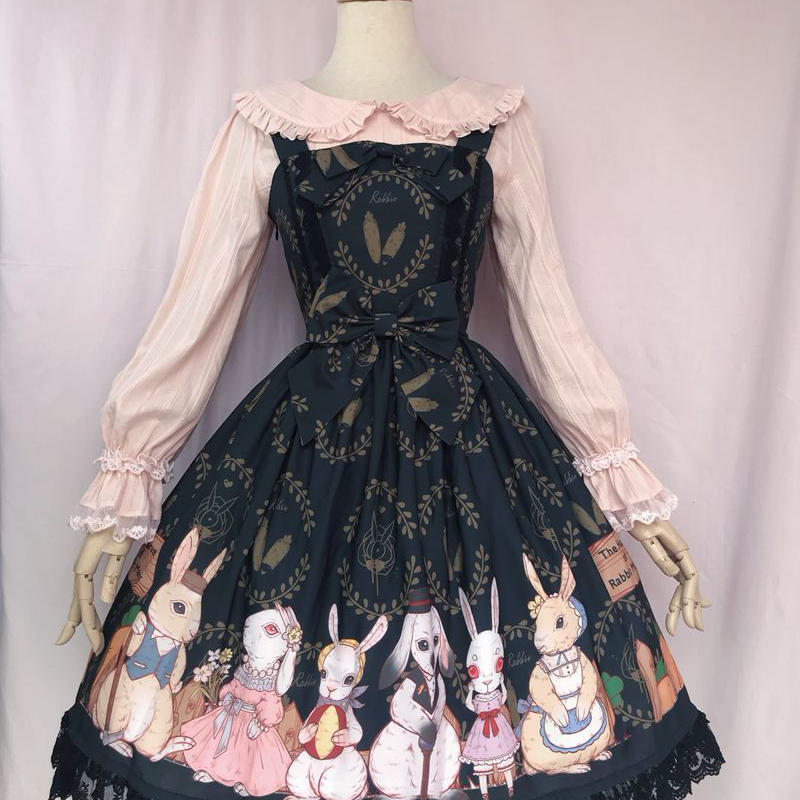 ワンピース ロリータ オリジナル ジャンパースカート レディース プリント かわいい ウサギ