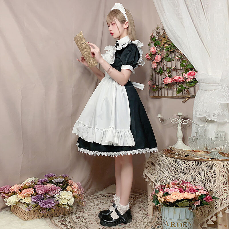 即納 メイド服 高品質 エプロン ロリータ クラシック 膝丈 ワンピース コスプレ レディース