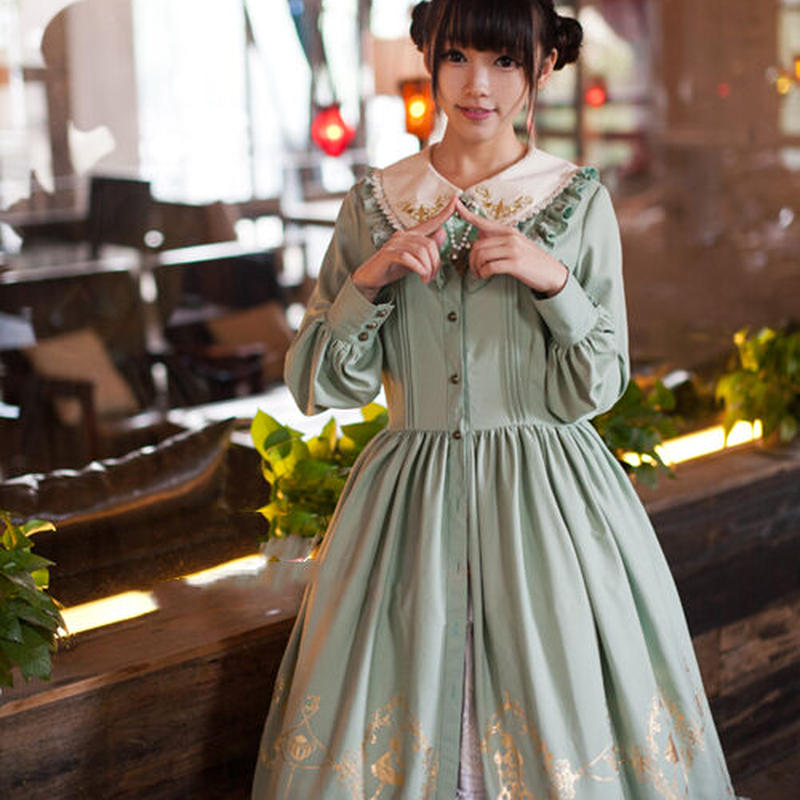 ロリータ ワンピース ドレス ロング 秋 冬 長袖 優雅 かわいい ゴールドプリント ロリィ