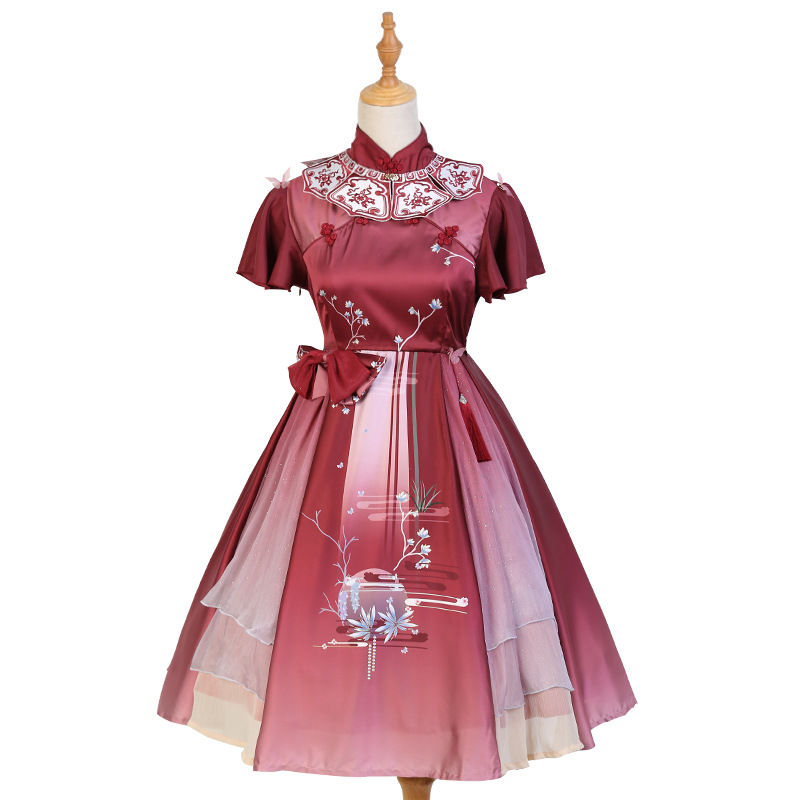 ワンピース 中華風 ロリータ ドレス 半袖 幻想的 コスプレ レディース チャイナドレス ブル