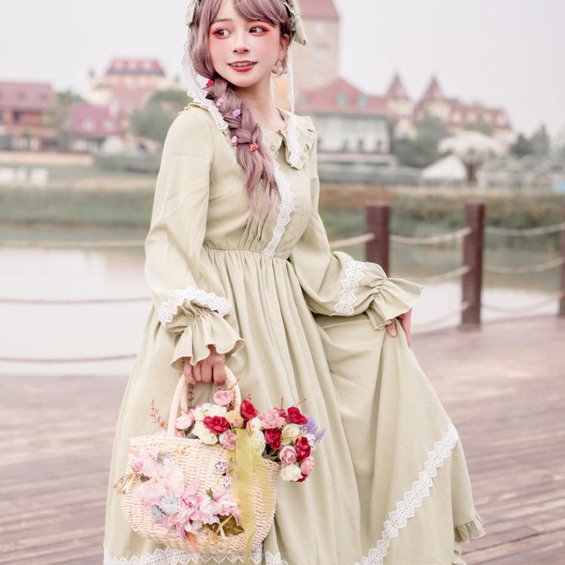ワンピース ロリータ 森ガール 春 秋 長袖 ロング丈 かわいい エレガント レディース グリ
