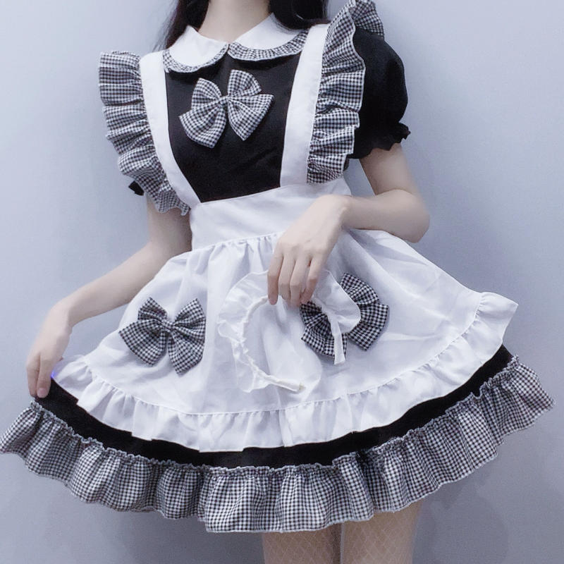 ロリータ ワンピース メイド服 4点セット エプロン 甘ロリ 喫茶 制服 レディースコスチュー