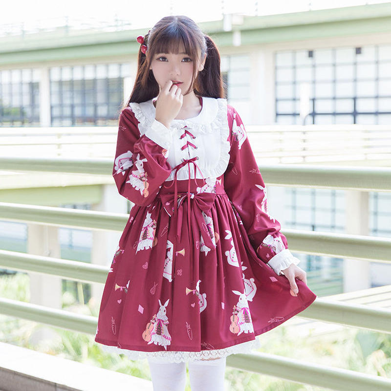 ロリータ ロリィタ ワンピース 春夏 少女風 かわいい レトロ 長袖 半袖 ウサギ柄 A