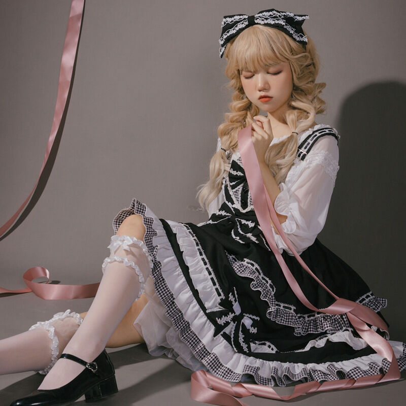 ワンピース 甘ロリータ ゴスロリ チェック柄 かわいい リボン フリル モノトーン モノクロ