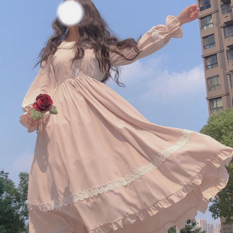 ワンピース ロリータ 森ガール 春 秋 長袖 ロング丈 かわいい エレガント レディース グリ