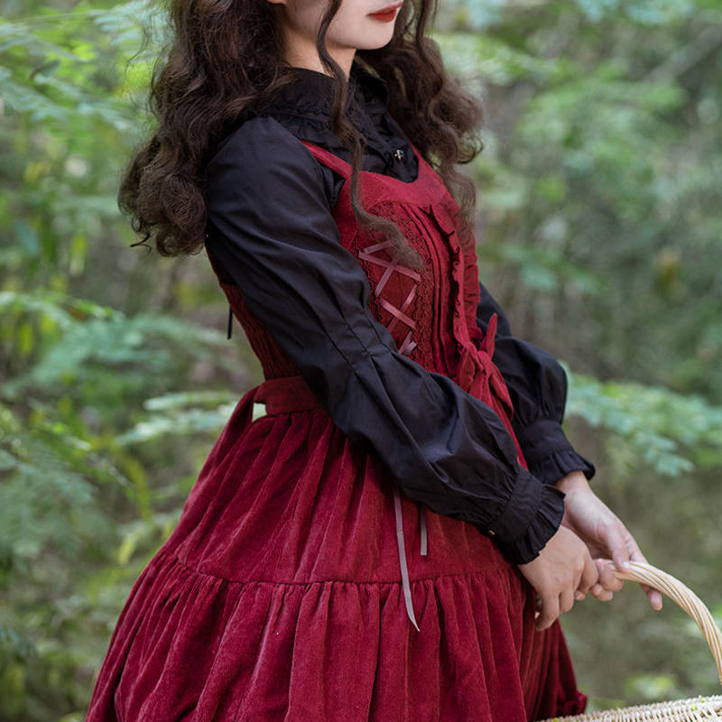 ロリータ ワンピース 秋 冬 ハイウエスト スリム コーデュロイ 暖かい 杏 赤 黒 かわい