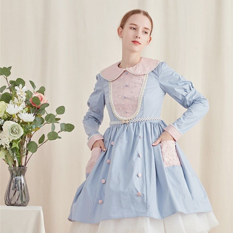 ロリータ ワンピース 長袖 春秋 ドレス ベルト付 Lolita フランス風 ゆめかわいい