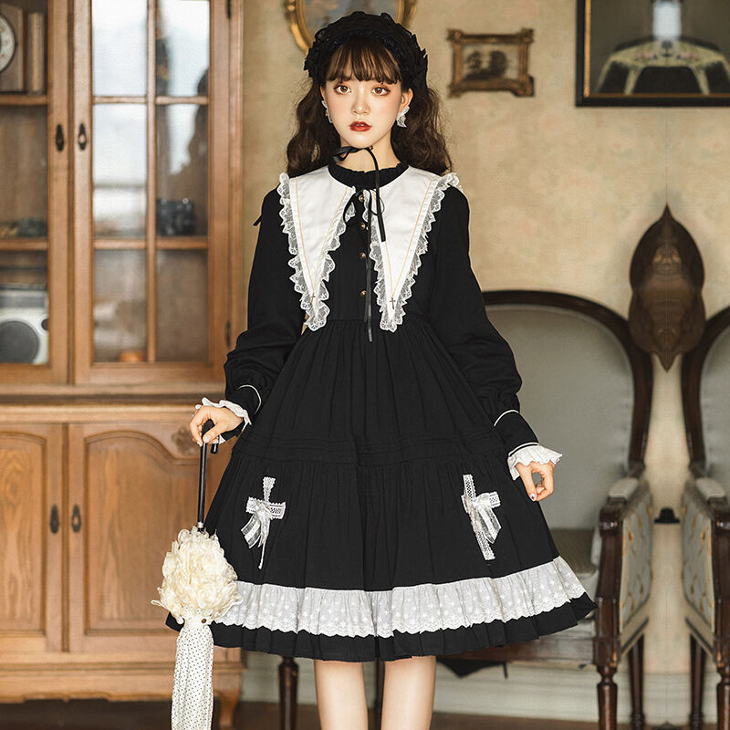ロリータ ゴシック ワンピース 秋 冬 黒ロリ ゴスロリ クロス 十字架 日常使い 長袖レース