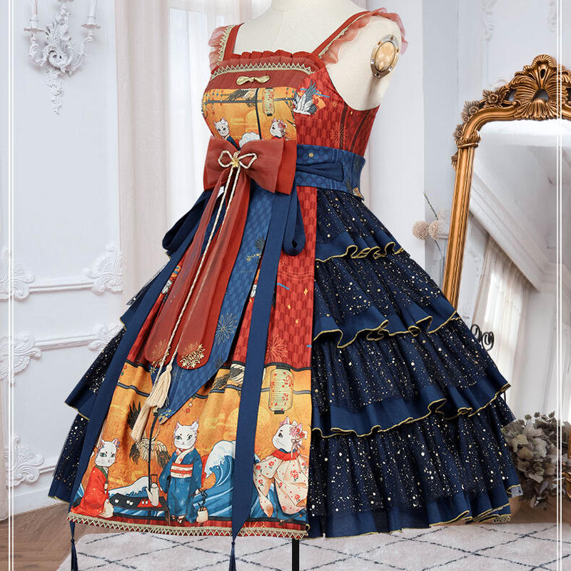 和風 ロリータ ワンピース 和ロリ 浮世絵 オリジナル 猫 コスチューム 衣装 レディース コ