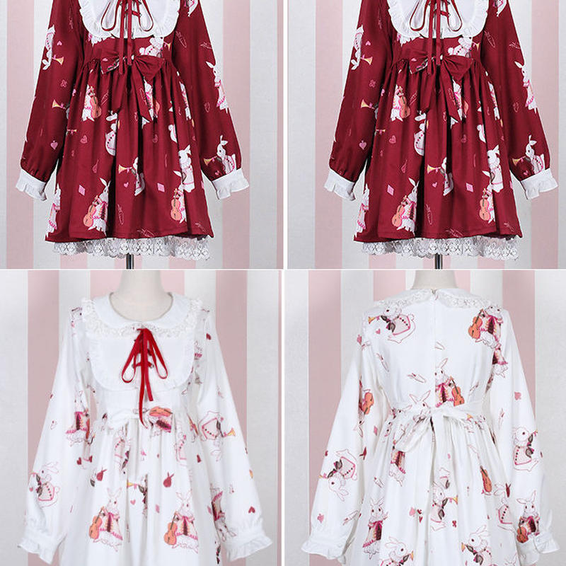ロリータ ロリィタ ワンピース 春夏 少女風 かわいい レトロ 長袖 半袖 ウサギ柄 A