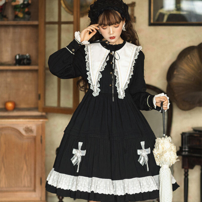 ロリータ ゴシック ワンピース 秋 冬 黒ロリ ゴスロリ クロス 十字架 日常使い 長袖レース ロリータ ゴシック ワンピース 秋 冬 黒ロリ ゴスロリ クロス 十字架 日常使い 長袖レース