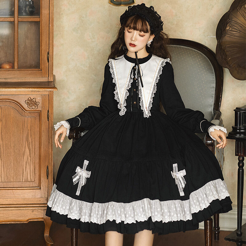 ロリータ ゴシック ワンピース 秋 冬 黒ロリ ゴスロリ クロス 十字架 日常使い 長袖レース