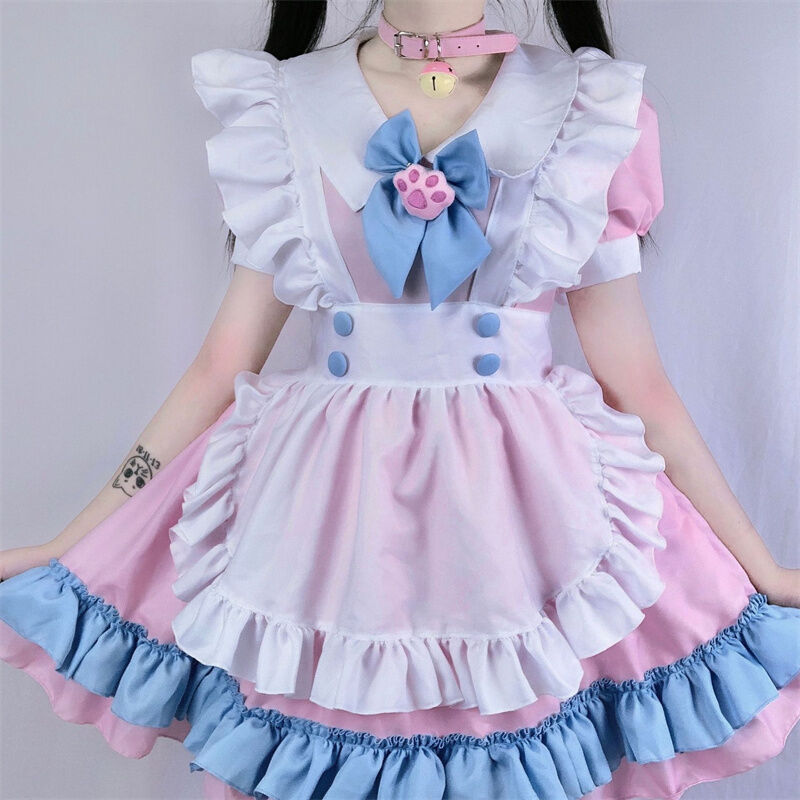 ロリータ 甘ロリ ワンピース エプロン メイドカフェ ヘアドレス セット 半袖 猫 Xs 4