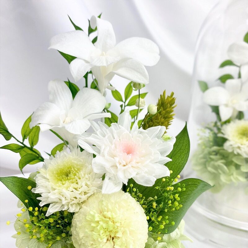 プリザーブドフラワーお供え花ドーム仏花 灯香とうか 白緑 送料無料 新仏 初七日 四十九日 法 プリザーブドフラワーお供え花ドーム仏花 灯香とうか 白緑 送料無料 新仏 初七日 四十九日 法