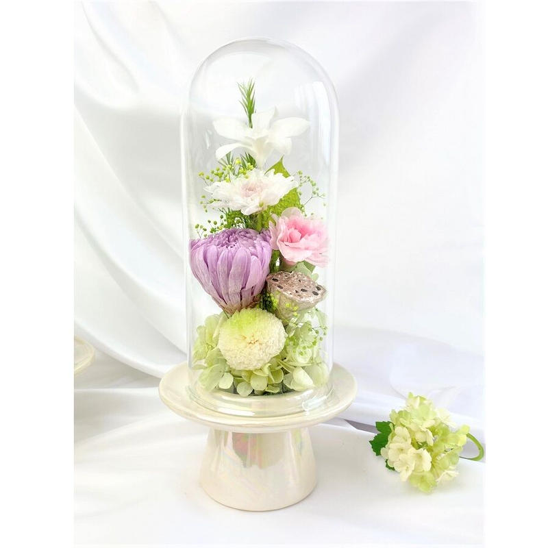 プリザーブドフラワーお供え花ガラスドーム 清蘭 藤 送料無料 御供 新仏 四十九日 命日 法事