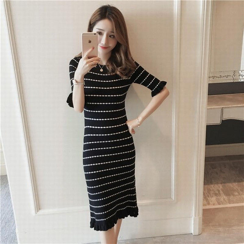 ラウンドネック ボーダー ニット ワンピース フリル 七分袖 スリム ミモレ丈 ワンピ A