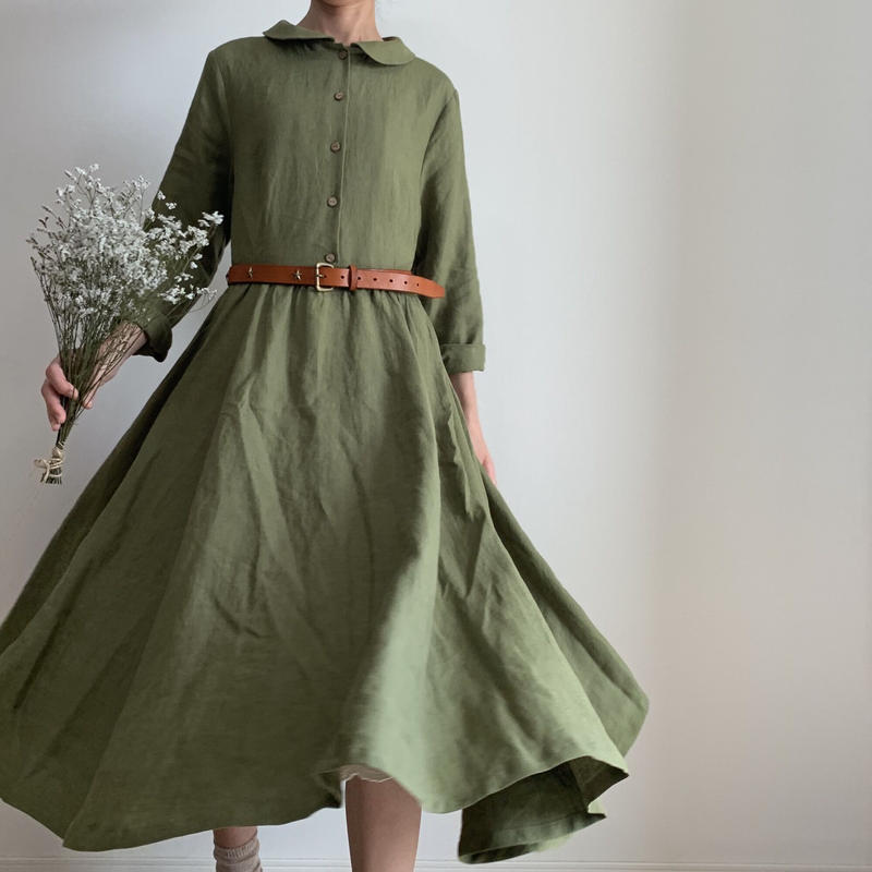 リネン丸襟ワンピース カーキ色 Ito Hari Official