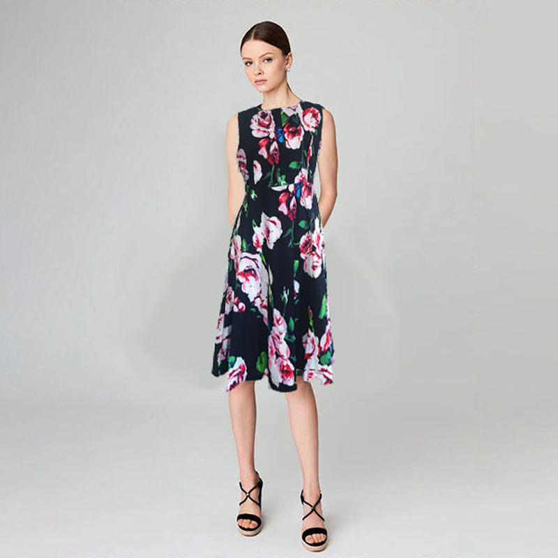 即納 ワンピース 薔薇 L 2l 黒 レディース ノースリーブ 膝丈 ミモレ丈 2135