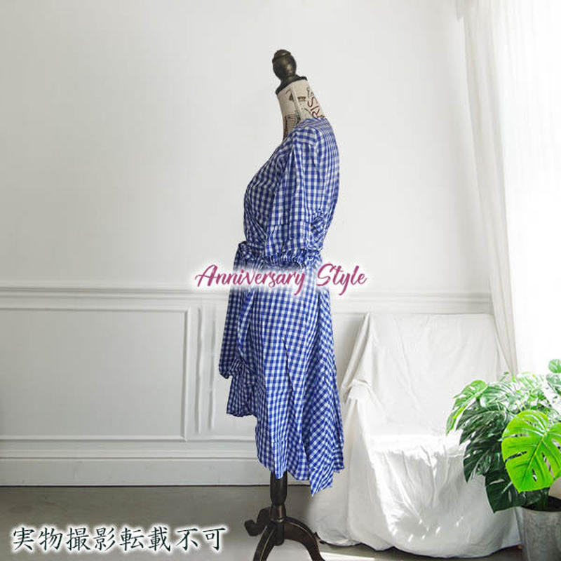 ワンピース チェック柄 F ブルー 即納 レディース 七分袖 カシュクール 前