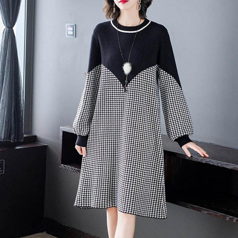 ニットワンピース M L 2l 千鳥格子柄 黒 切替 長袖 ゆったり 通勤 パーティー オシャ