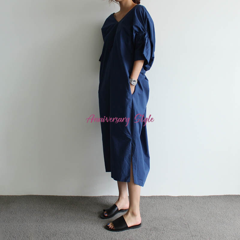 白 紺 ワンピース ロング 半袖 即納 リゾート 七分袖 背中開き ねじりデザイン 綿 コット