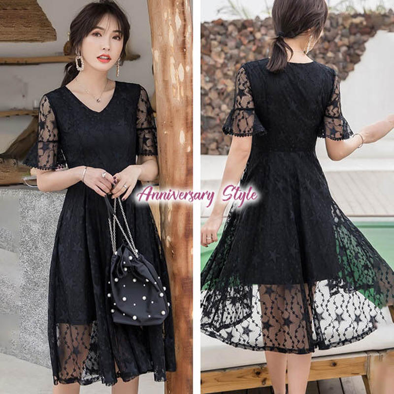格安ラストディスカウント きれいめワンピース S 5l 黒 デートコーデ 通勤コーデ ぽっちゃり 大きいサイズ レディース 袖あり Jy 106 大人可愛い 星柄 総レース ワンピース 安い米国をオンラインで買う App Shkgrp Com