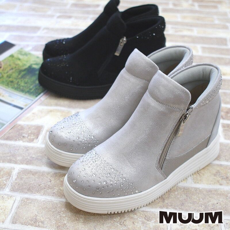 Muum スニーカー ハイカット ビジュー スリッポン インヒール インソール サテン 千