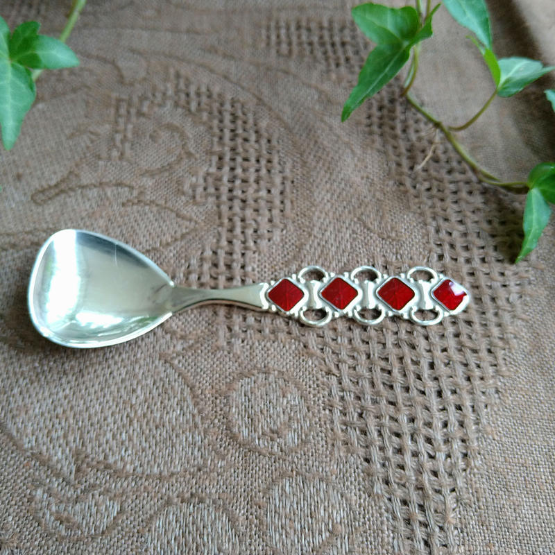 ノルウェー赤いエナメル細工入りシルバースプーン Norwayvintagesilverspoo