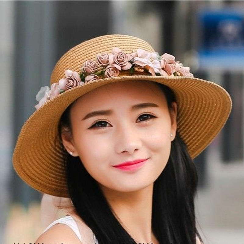 女性用 麦わら帽子 花レース付き カーキ Boushi 女性用 麦わら帽子 花レース付き カーキ Boushi