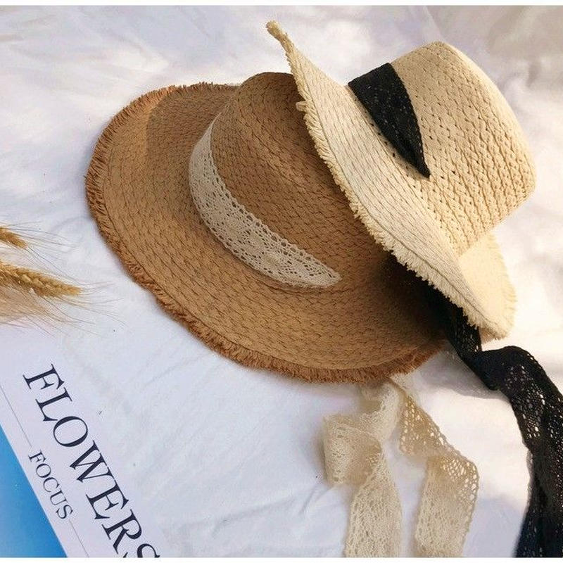 女性用 麦わら帽子 かわいい黒のレース付き Boushi