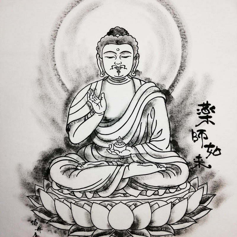 手描きtシャツ 仏画 No 22 薬師如来 座像 白 綿生地 半袖 長袖 伯舟庵 We