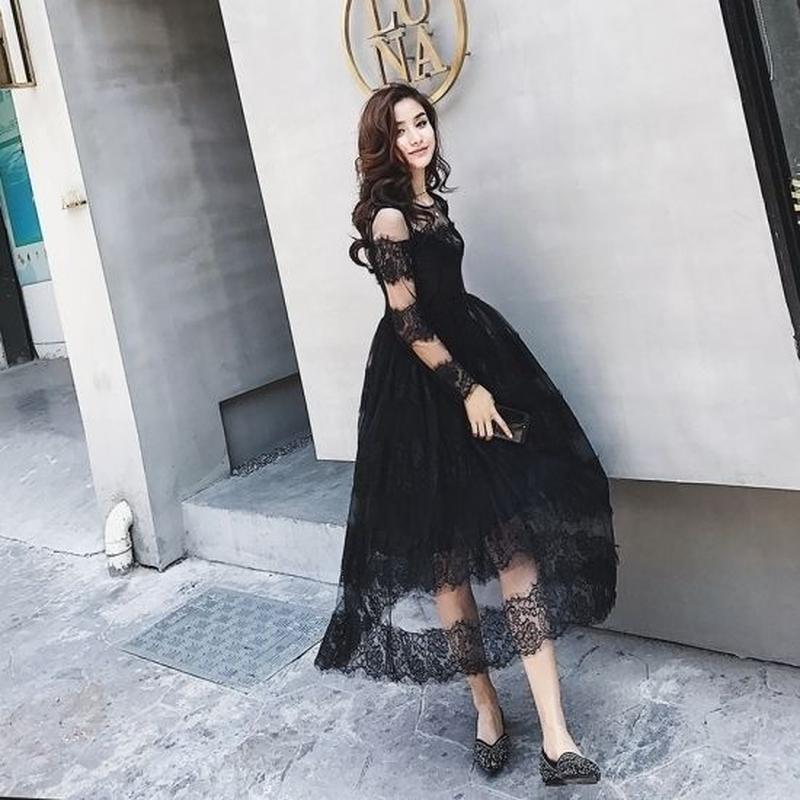 透け感 長袖 黒 レース ロング ワンピース Korea Princess