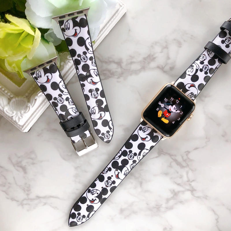 Apple Watch アップルウォッチ ホワイト ミッキー柄 レザー バンド ベルト A