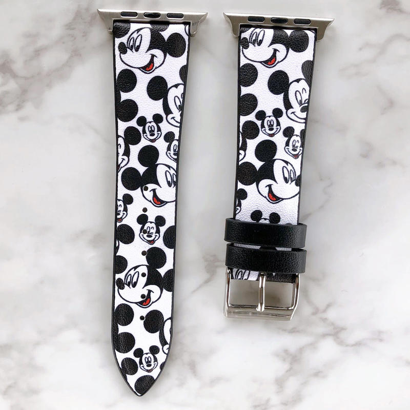 Apple Watch アップルウォッチ ホワイト ミッキー柄 レザー バンド ベルト A