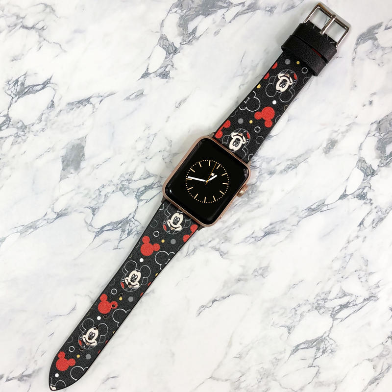 Apple Watch アップルウォッチ ブラック ミッキー柄 レザー バンド ベルト A