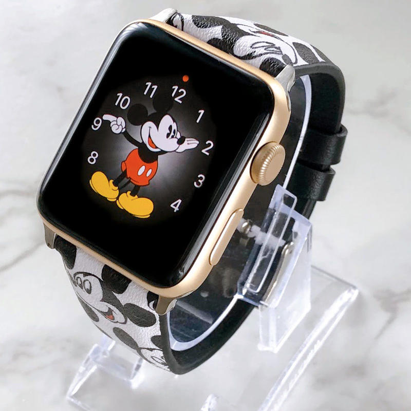 Apple Watch アップルウォッチ ホワイト ミッキー柄 レザー バンド ベルト A